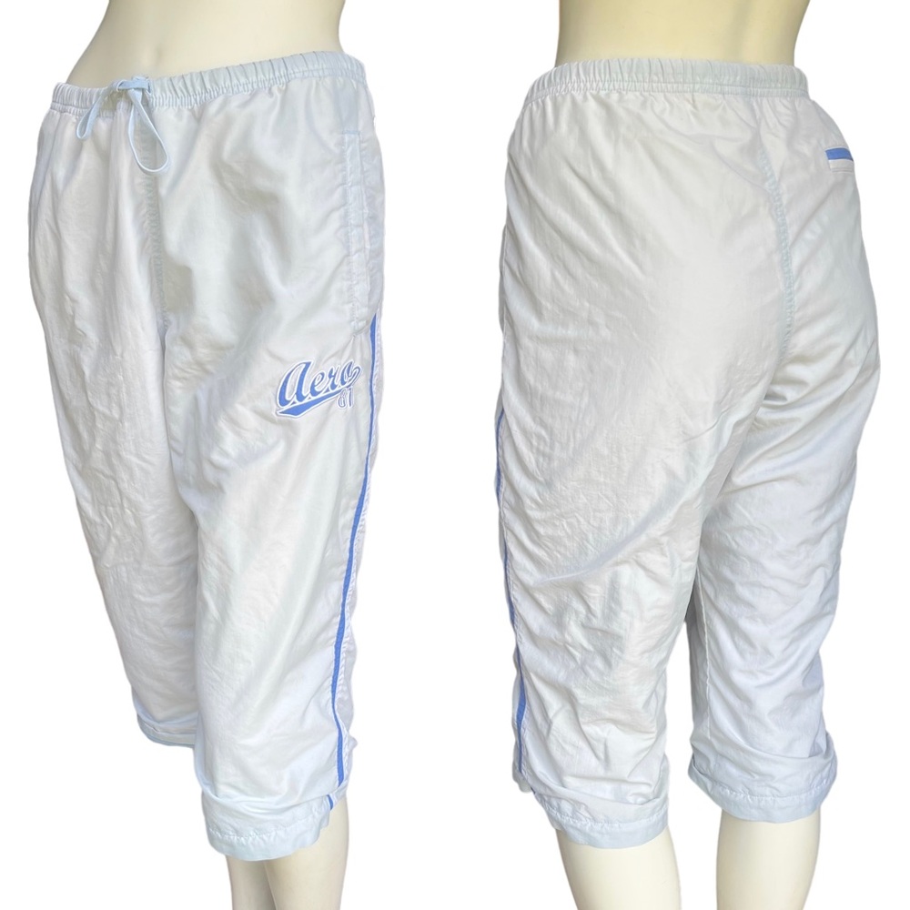 Aeropostale Y2K Baby Blue Varsity Logo Cropped Nylon Track Pants | Size Large